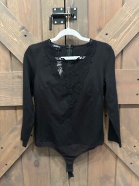 bebe Black Long-Sleeve Lace-Front Bodysuit